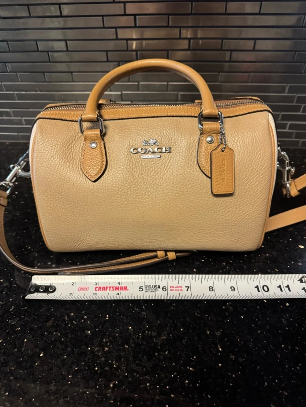 Coach Beige and Tan Leather Satchel with Crossbody Strap - Picture 9 of 10